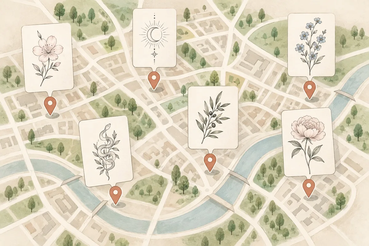 街の地図の上に立ったピンと、それぞれに添えられたタトゥーの絵柄のカード