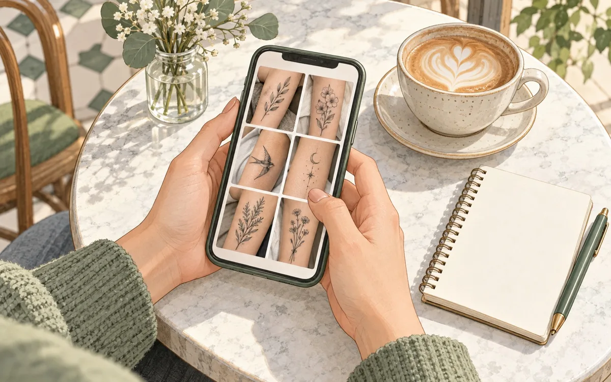 カフェのテーブルで、スマートフォンに並んだタトゥーの作品を見比べる手元