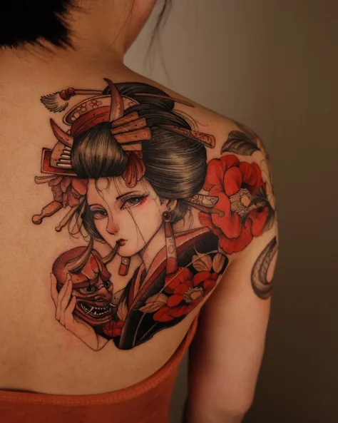 椿を添えた芸者