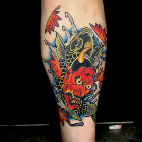 魚と紅葉の和彫り